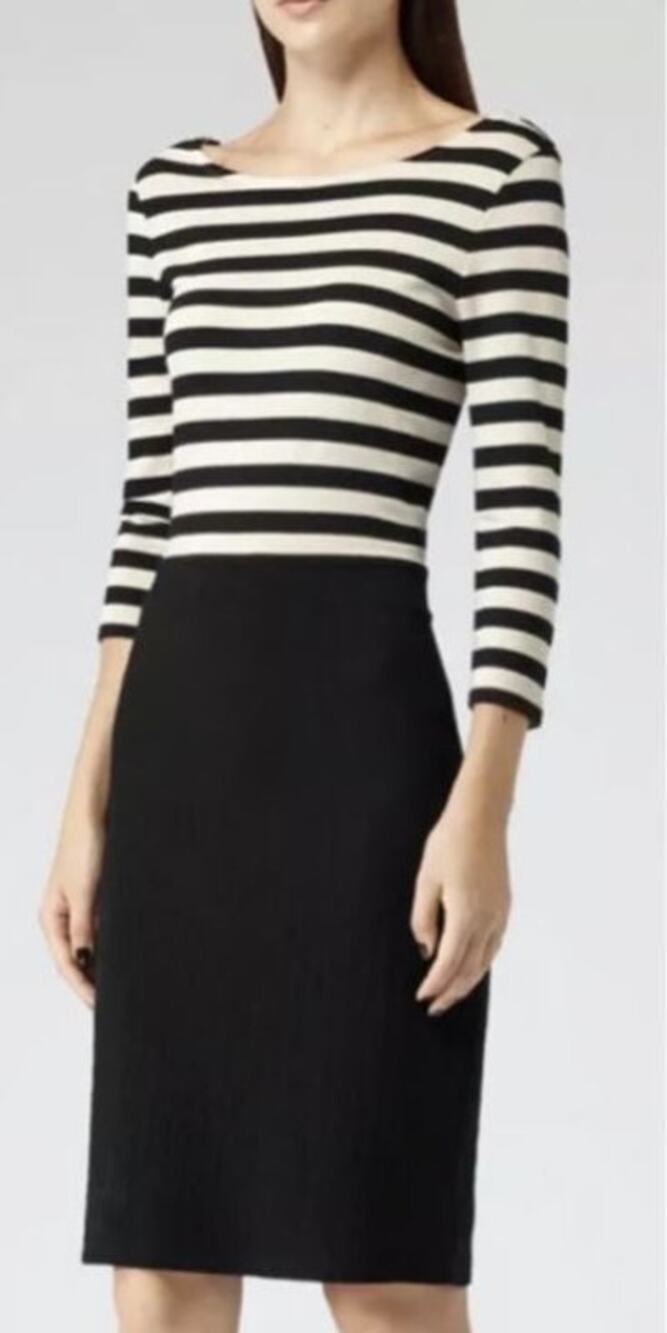 Reiss Bronte Textured Stripe Dress Women's Size 6 Black Cream Preppy Workwear